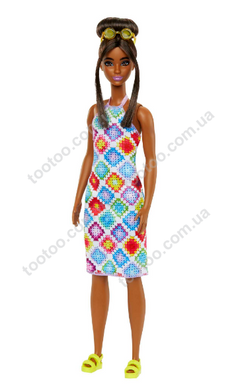 Фотография, изображение Кукла Barbie "Модница" в платье с узором в ромб (HJT07)